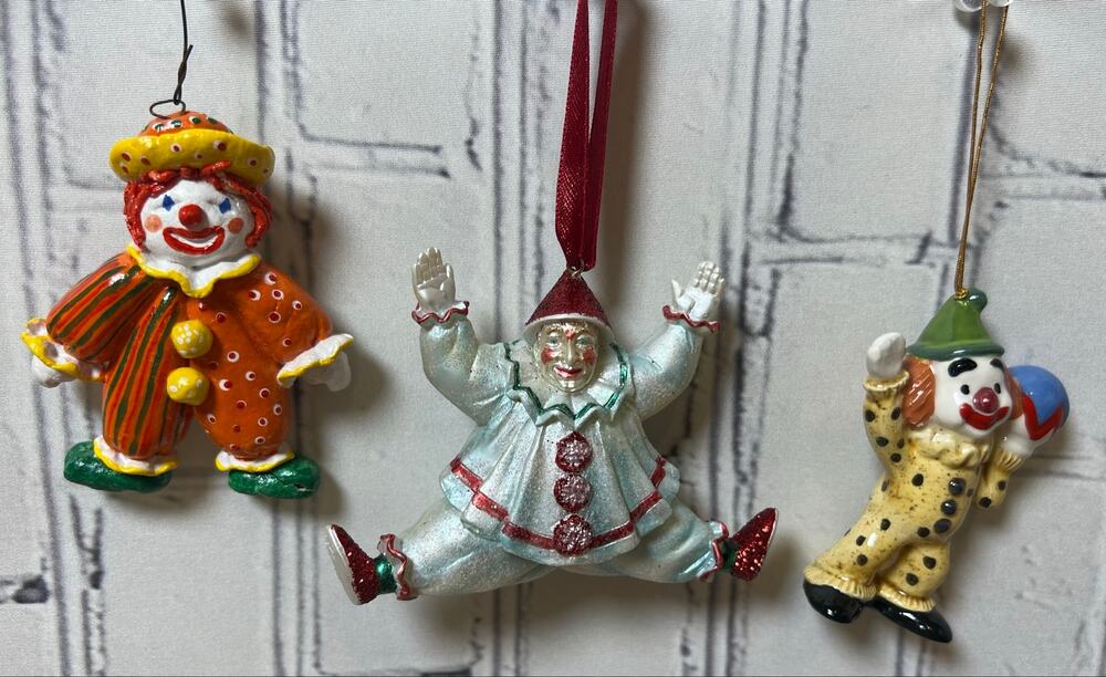 Vintage Clown Christmas Ornaments Lot of 3 1982 Ceramic Handmade Circus Decor